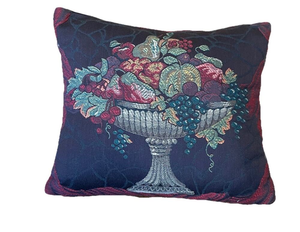 Vintage Tapestry Art Nouveau Fruit Basket Pillow 12.25 X 10” Velvet Back